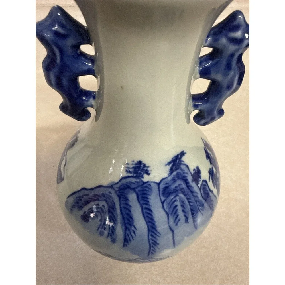 Blue & White Ceramic Landscape Vase Decorative Handles 8.25in
